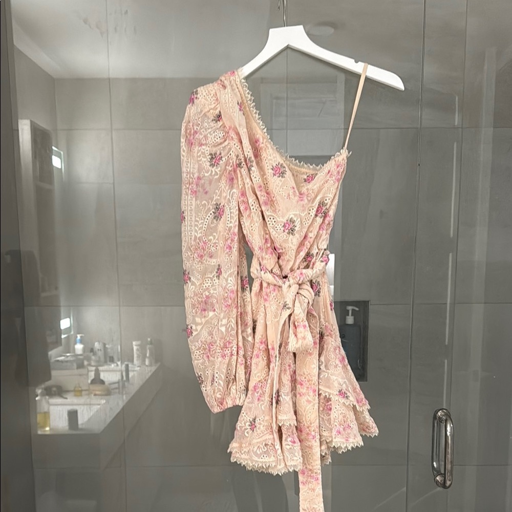 HEMANT & NANDITA Cream Floral One-Shoulder Mini Dress